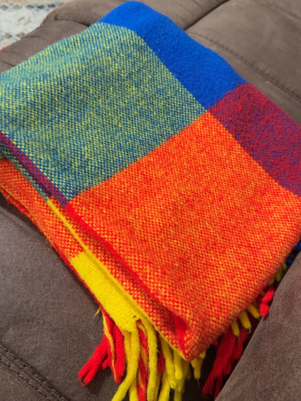Rainbow Checkered Fringe Wool Blanket